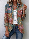 Women'S Vintage Floral Art Print Casual Ruffled Shirt Jacket