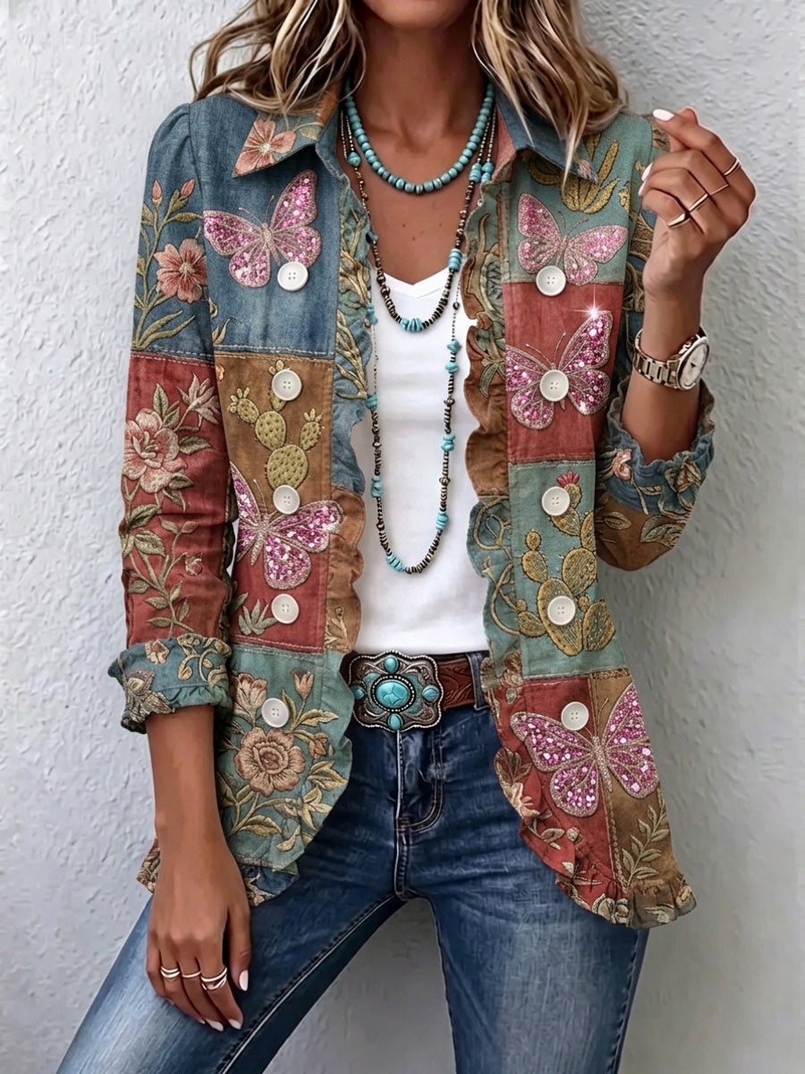 Women'S Vintage Floral Art Print Casual Ruffled Shirt Jacket