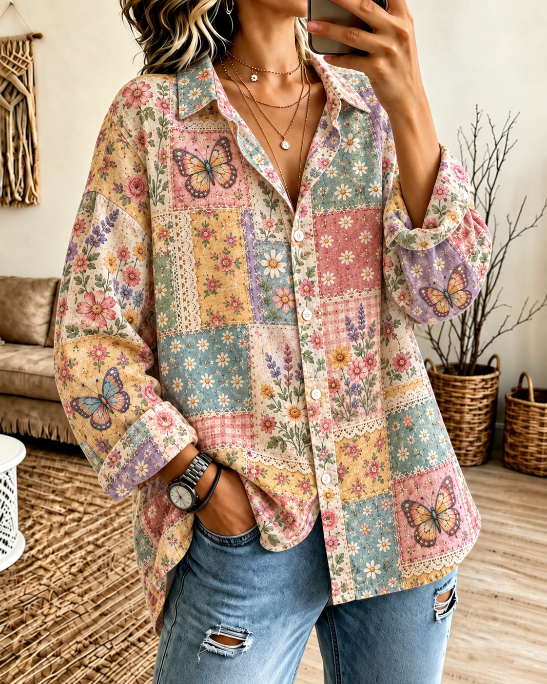 Women'S Casual Shirt With Butterfly And Floral Print