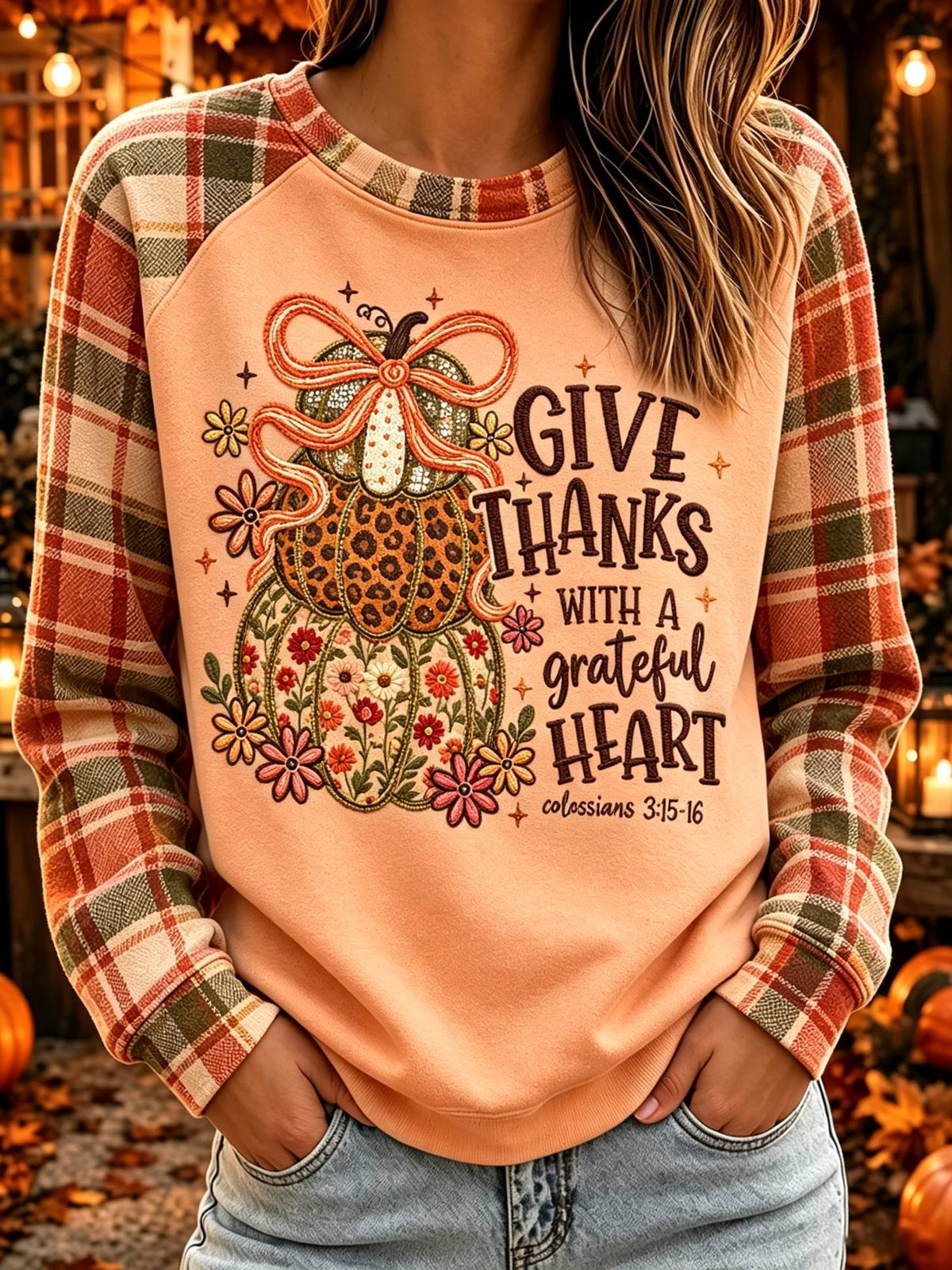 Women's Give Thanks Grateful Heart Plaid Sleeve Pumpkin Sweatshirt