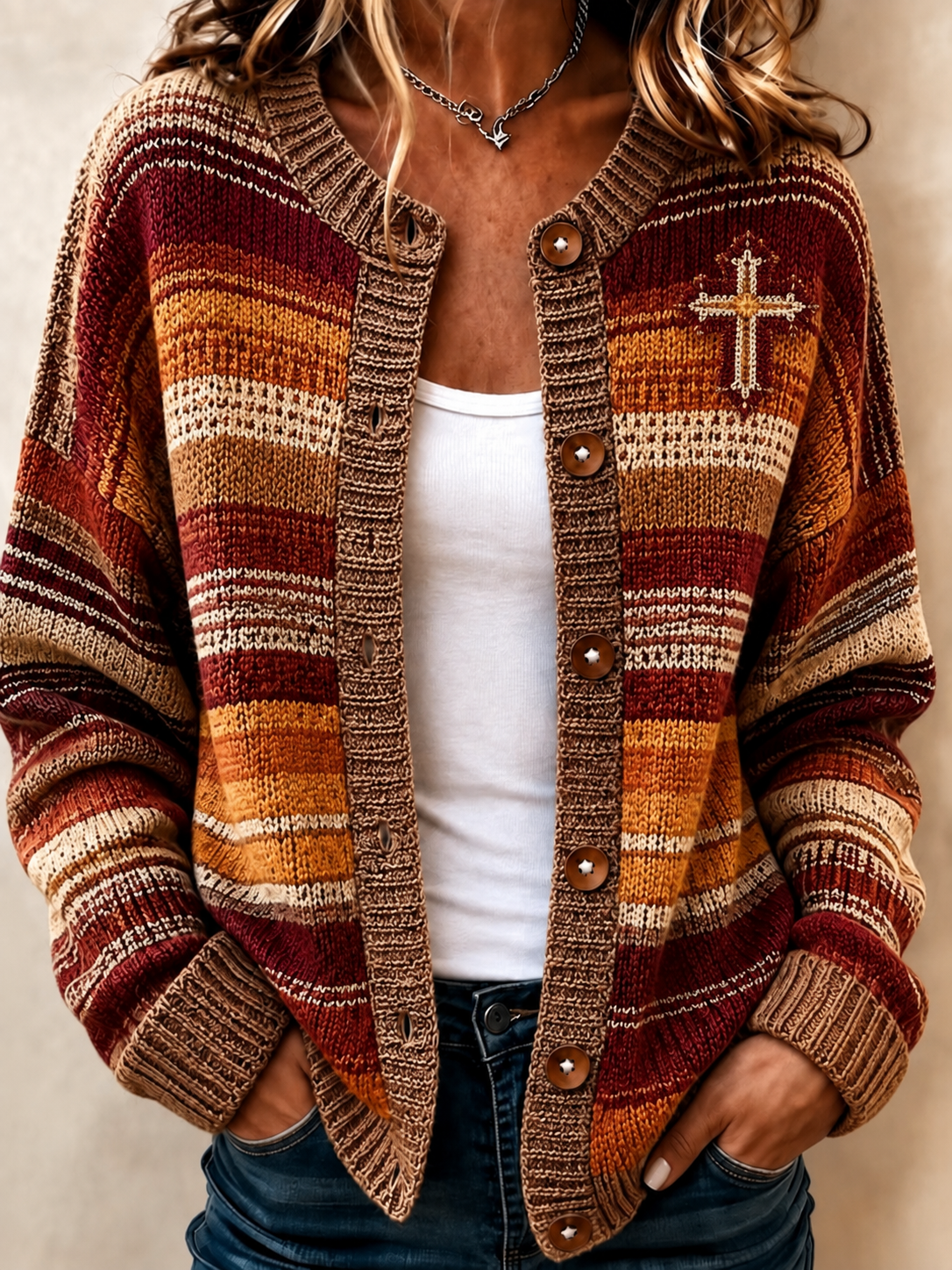 Women'S Fall Vintage Print Knit Cardigan