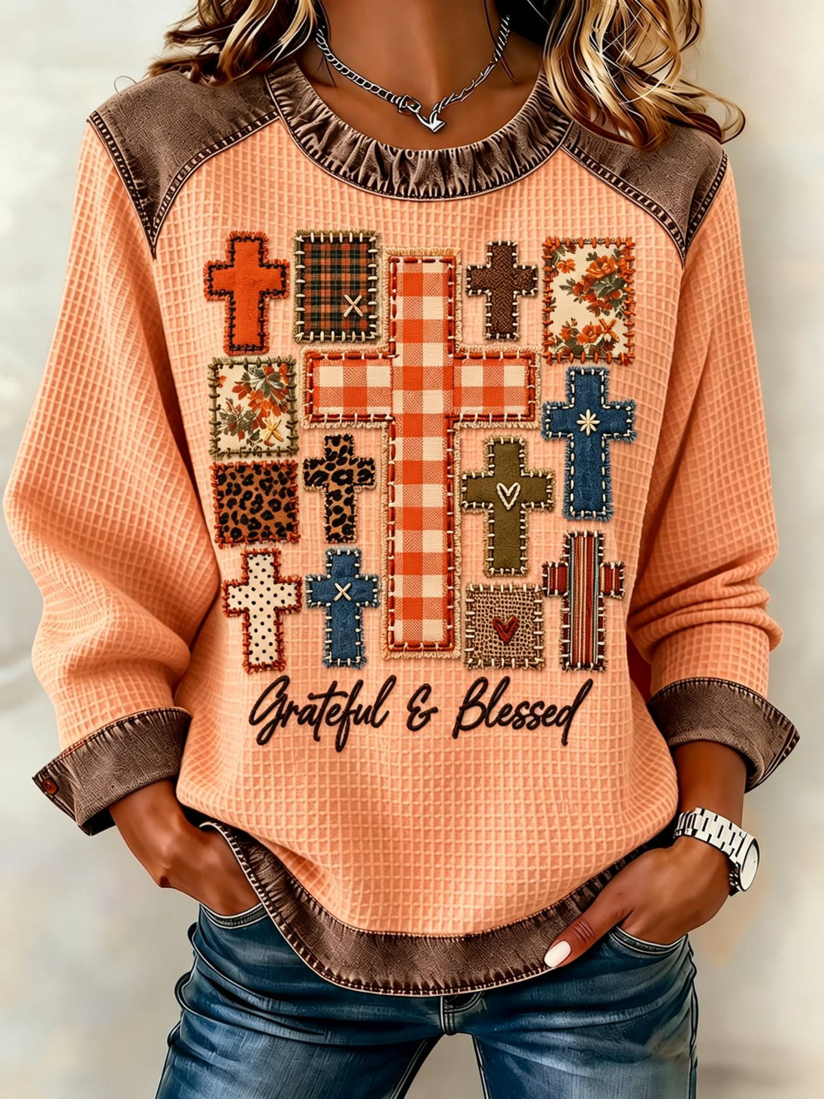 Women's Grateful&Blessed Patchwork Cross Knit Sweatshirt