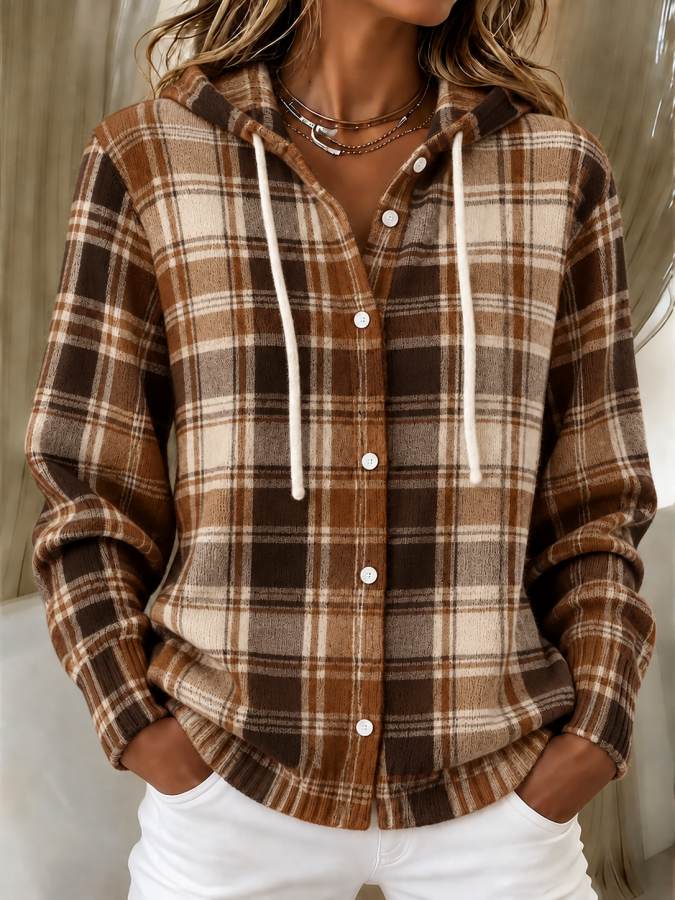 Women'S Plaid Print Knitt Hooded Cardigan