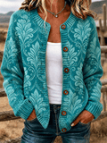 Women's Western Vintage Floral Scroll Pattern Button Down Knit Cardigan