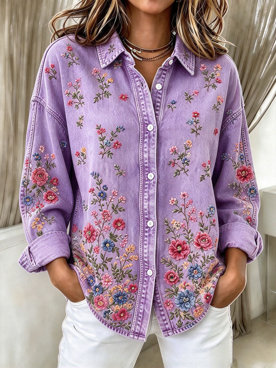 Women'S Retro Floral Pattern Long Sleeved Shirt