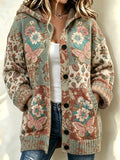 Women'S Retro Floral & Butterfly Pattern Casual Hooded Long Cardigan