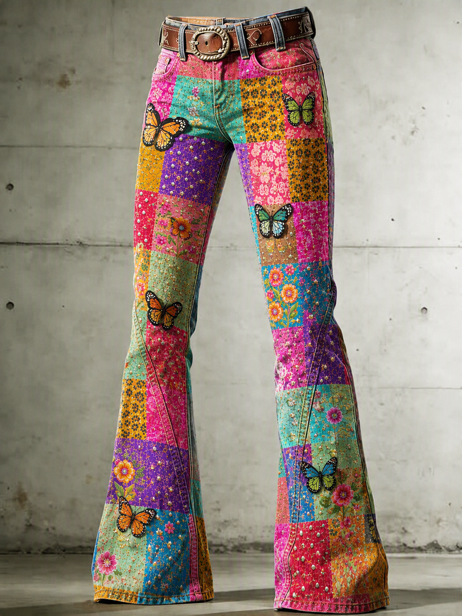 Women's Pink Art Print Flared Trousers