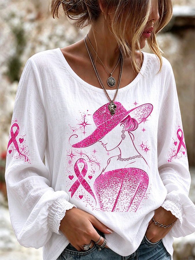 Women'S Breast Cancer Witch Printed Long Sleeved Shirt