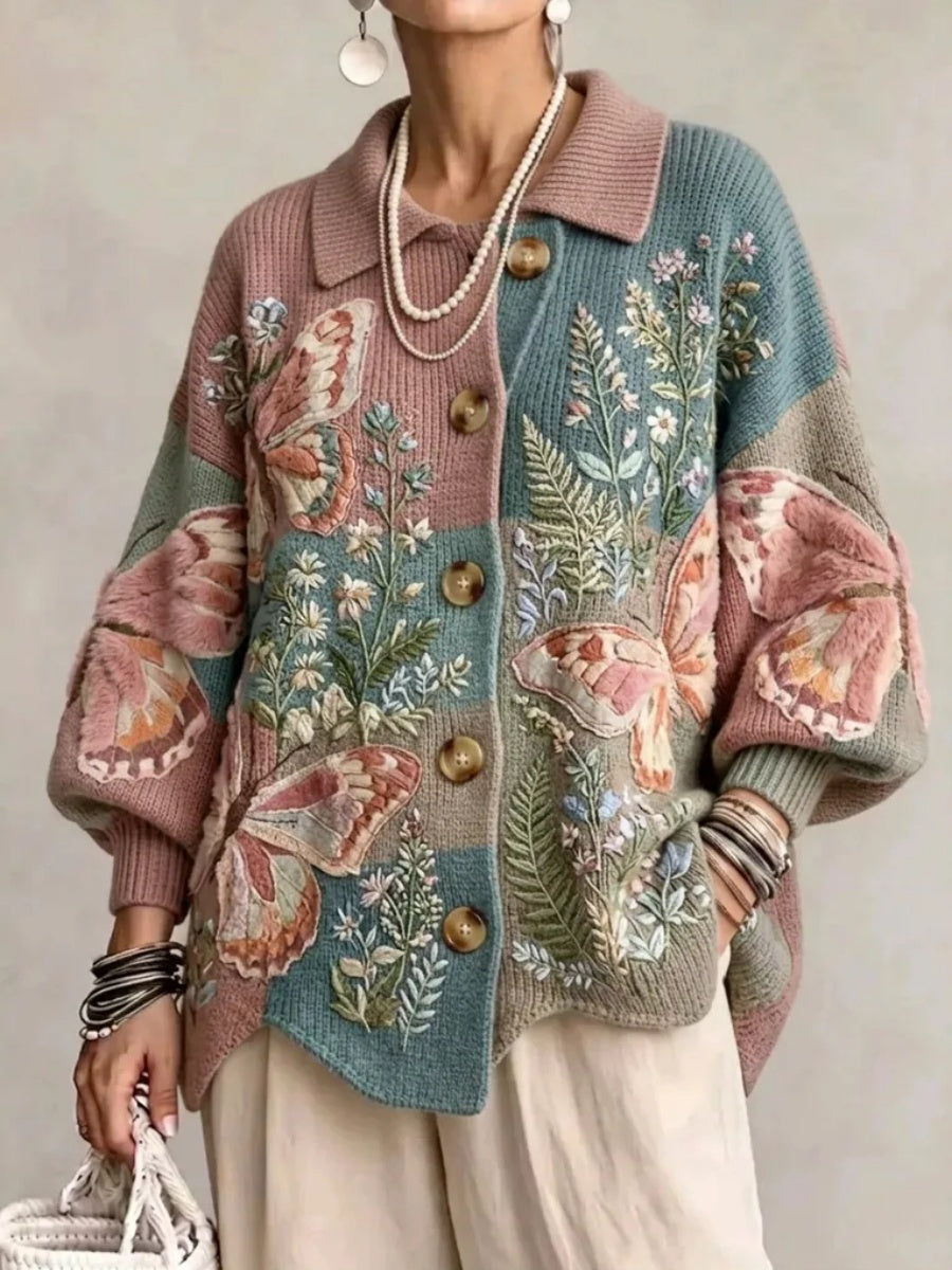 Women's Butterfly and Floral-Themed Vintage Patchwork Sweater